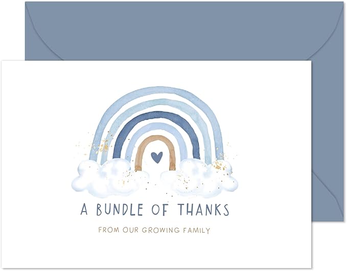 Whaline 50 Pack Blue Rainbow Thank You Cards Boxed A Bundle of Thanks from the Growing Family Note Cards with Envelope Sticker Greeting Blank Card for Birthday Baby Shower