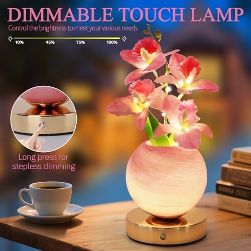 Flower Table Lamp, 3 Colors Orchid Night Light, Cordless Touch Dimming Artificial Flower with Vase Lamp, LED Bedside Night Light Romantic Gifts for Girl Women Mom (Pink Orchid) - Image 3