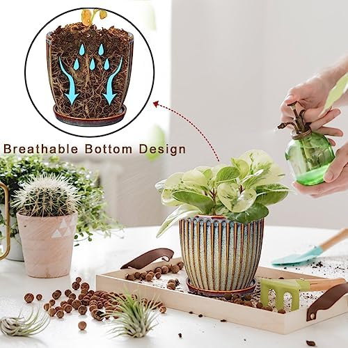 Oairse Ceramic Pots for Indoor Plants, 4.9 +5.7 inch Set of 2 Brown Plant Pots with Drainage Holes and Saucers Texture Ceramic Planters Indoor Outdoor Flower Planters for Succulent - Image 6