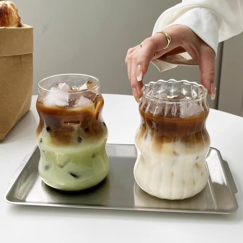 1pcs Vertical Stripe Drinking Glasses CupsGlass Tumbler, Ripple Glassware Coffee Cup, Cute Glass Tumbler for Iced Coffee Juice Drink Milk (yun) - Image 2