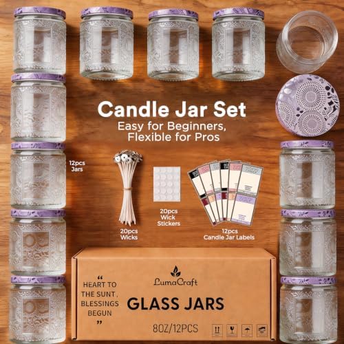 LumaCraft Luxury Embossed Glass Candle Jars for Making Candles - 12 Pack Empty Candle Containers with Lids, 20 Wicks & 20 Stickers, Colored Glass Jars for Gifts & Decor - Image 2