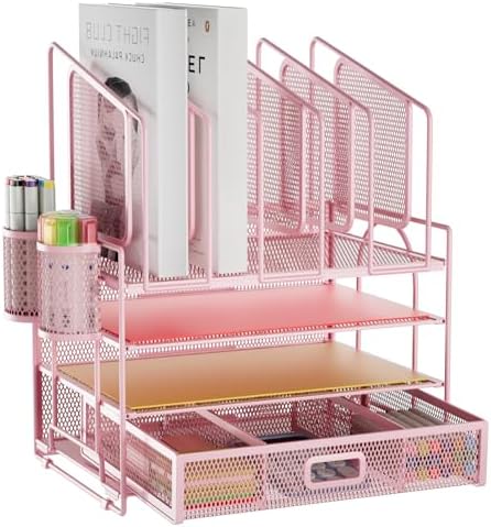 Marbrasse Desk Organizers, 4-Tier Mesh Desk File Organizer with 5 Vertical File Holders and 2 Pen Holders, Multifunction Desktop Organizer,Desk Organizers and Accessories for Home Office (Pink) by Marbrasse
