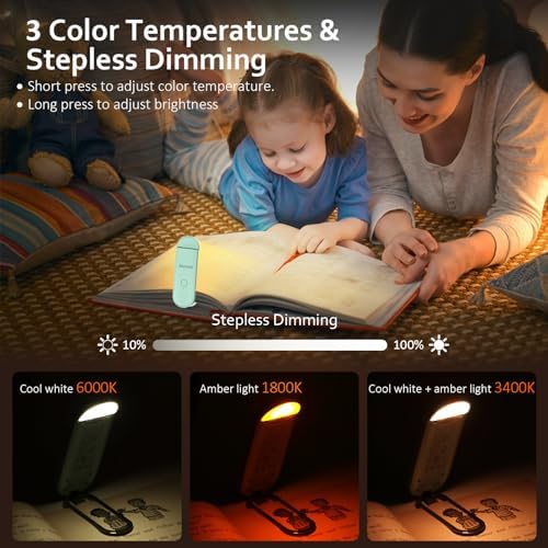 Akomid USB Rechargeable Book Light for Reading in Bed, 8 LEDs Bookmark Style Clip on, Eye-Cared Amber Light Mode for Kids, Blue Light Blocking, Stepless Dimming, Turquoise - Image 4