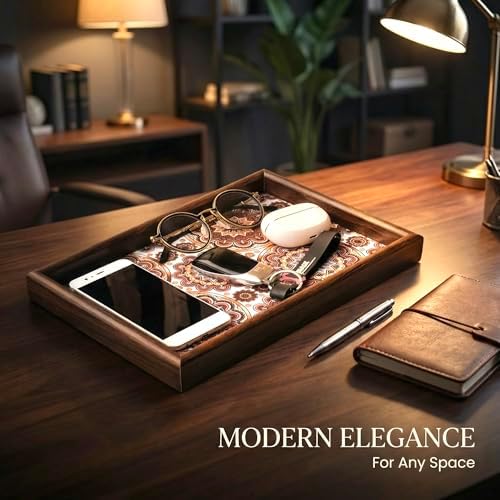 Wooden Valet Tray with Leather Base - Nightstand Catchall Organizer for Cologne, Perfume, Keys, Wallet, Phone, Watch, Jewelry & Sunglasses (Bohemian) - Image 3