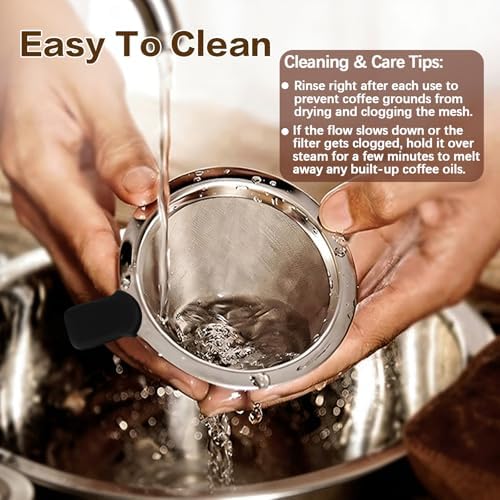 Large Size Pour Over Coffee Dripper, Stainless Steel Coffee Filter, Paperless Reusable Coffee Filter, Double Micromesh 600 Mesh Strainer Coffee Maker with Heat-Resistant Silicone Handle & Base - Image 6