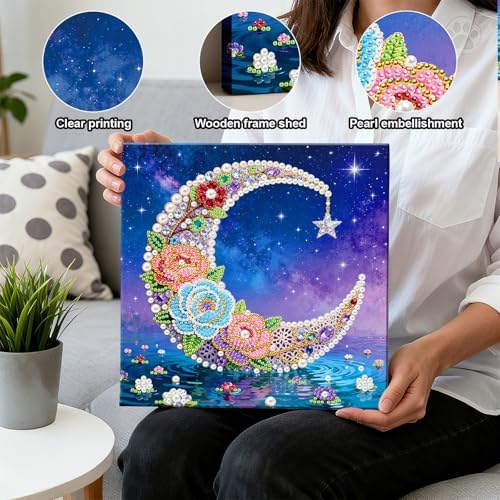LQCrafK DIY Pearl Art Painting Handcraft Kit for Adults Beginners, Healing Stress-Relieving Home Wall Creative Design Decoration, Framed Painting with Tools-Moon - Image 5