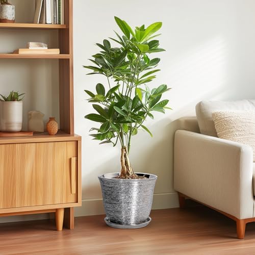 10 Inch Plant Pot, Ceramic Planter with Drainage Hole, Silver - Image 4