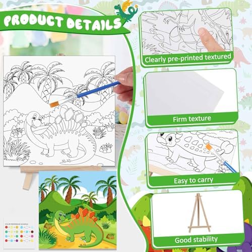 Tenceur 12 Sets Pre Drawn Canvas to Paint Adult Stretched Coloring Painting Canvas Panels with Design Easel and Brushes for Party Supplies Beginner Favor(Dinosaur) - Image 3