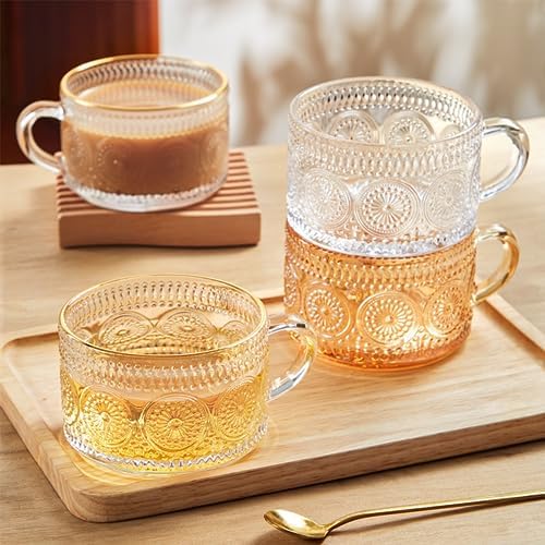 MFACOY Vintage Coffee Mugs Set of 2, 14 oz Glass Tea Cups with Handle, Amber Embossed Glass Cups for Cappuccino, Latte, Cereal, Milk, Hot or Cold Beverages - Image 6