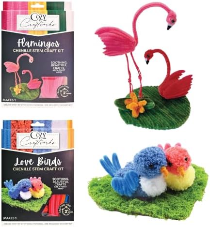 WeVeel Cozy Craftworks Chenille Stem Animal Craft Kit for Adults – CC Love Birds & Flamingos Bundle – Relaxing DIY Arts & Crafts Kit with All Supplies by WeVeel