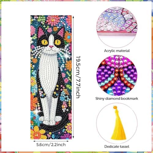 Puraikcmi 6 PCS 5D DIY Diamond Art Bookmarks Kit Cats Diamond Paintings Bookmarks Kits with Tassels Acrylic, Rhinestone Crafts Decoration Gift Set for Book Lovers Beginners & Adults - Image 3
