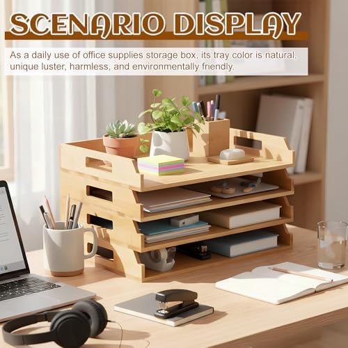 AceOrbit 4 Pcs Stackable Paper Tray Bamboo Wood Desk Organizer Letter Tray - Image 5