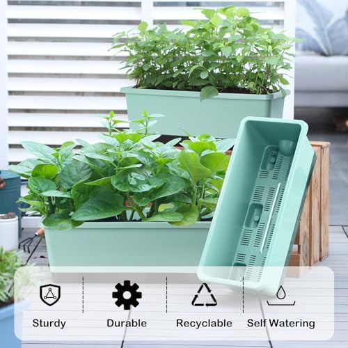 Oliz Window Box Planter 8 Pcs, 17 Inches Rectangle Flower Pots with Drainage Holes & Trays, Vegetable Planters for Windowsill Patio Garden Balcony Home Indoor Outdoor (Green, 16 * 7 * 6 inch) - Image 3