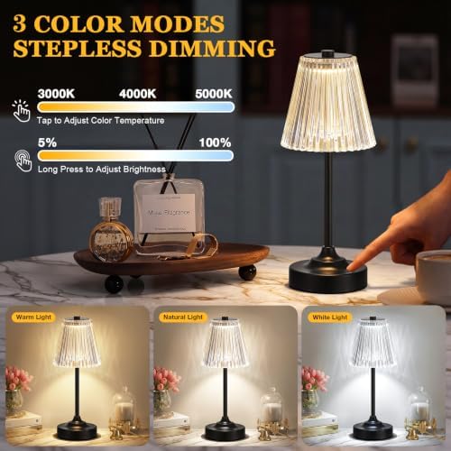Black Cordless Rechargeable Table Lamp, Touch Battery Powered Lamp, 3 Color Modes, Crystal Acrylic Lampshade, Portable Ambient Night Light for Desk, Bedroom, Living Room, Dining Room, Kitchen, Bar - Image 2