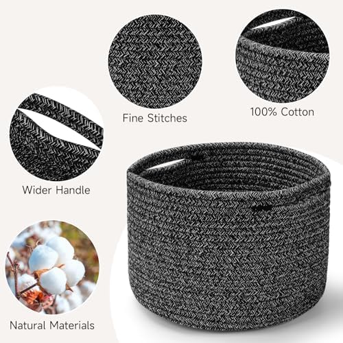 3 Pack Small Rope Storage Baskets, 9.82×9.82×7.1", Black - Image 2