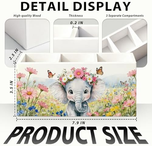 Elephant Pen Pencil Holder for Desk Accessories, Elephant Gifts for Women & Kids, Rustic Butterfly Flower Wild Animal Wooden Box Sign Decorations for Kids Room Home Office Desk Tabletop - Image 7