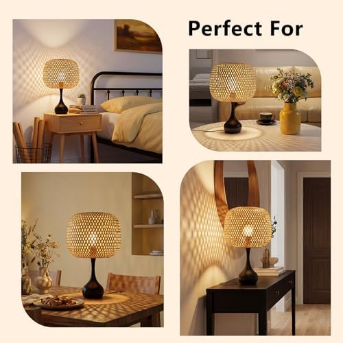 ONEWISH Touch Bedside Lamp for Bedroom, 3-Way Dimmable Table Lamps for Nightstand, Handwoven Bamboo Shade Desk Lamp for Living Room, Home Office - Image 5