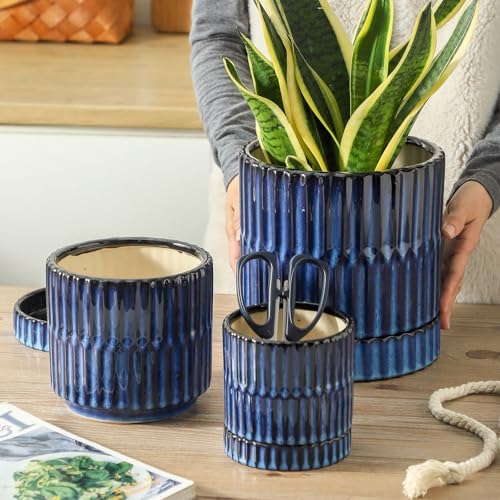 HASENSE Ceramic Pot for Plants, 3-Pack (8/6/4.6 inch) Medium Flower Planter with Drainage Holes & Tray, Rective Glaze Plant Pots Indoor with Ribbed Design, Kithen Home Office Decor, Blue - Image 7