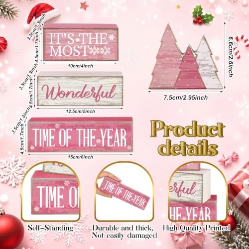 Moucuny 4 Pcs Christmas Table Decoration Wooden Pink Wooden Christmas Tree - Image 2