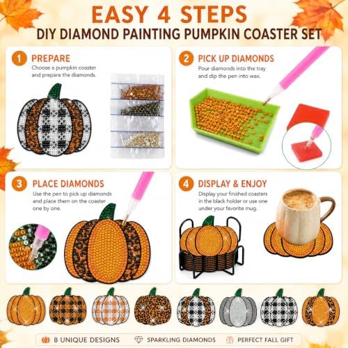 Demonwer 8 Pieces Fall Plaid Pumpkin Diamond Coasters with Holder DIY Cute Autumn Pumpkin Diamond Art Coasters 5d Diamond Coasters Round Cup Coaster for Fall Autumn Holiday Gift - Image 3