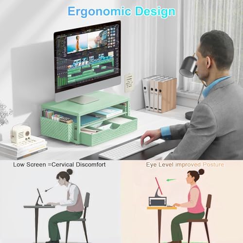 gianotter Desk Organizers and Accessories, Monitor Stand with Drawer and 2 Pen Holder, Desktop Organizer Suitable for Offices and Dormitories (Sage Green) - Image 2