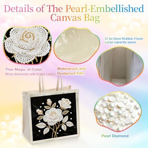Xylzzuit DIY Pearl Painting Canvas Tote Bag Kit 11.42IN Diamond Art Handbag for Women Shopping Grocery Bag Dots Beads Art Craft Gift (Flower03) - Image 5