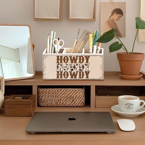 Western Pen Pencil Holder for Desk, Cowboy Gifts, Cowgirl Gifts for Women, Western Office Decor, Retro Country Howdy Southwestern Wooden Box Sign Decorations for Home Office Desk Tabletop - Image 3