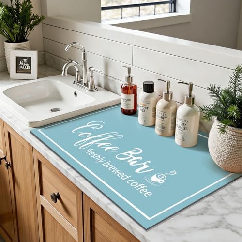 Findosom Dish Drying Mat, 17"x 32" Super Absorbent & Hide Stain Coffee Mat, Cuttable Drying Mat for Kitchen Counter, Coffee Bar Accessories, Under Dish Rack, Coffee Maker, Espresso Machine, Blue - Image 4