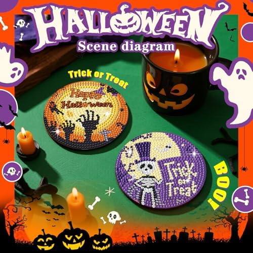 Leatrice 6 PCS Halloween Diamond Art Coasters Kits 4 in Trick or Treat - Image 5