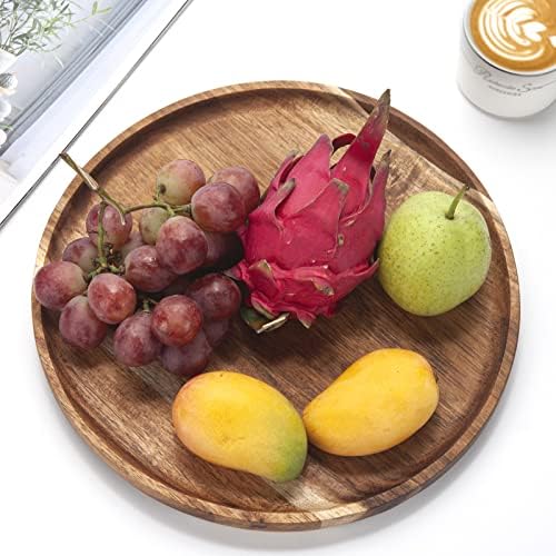 YANGQIHOME 11.8 inches Round Wood Tray, Wooden Serving Tray, Acacia Plates, Appetizer Charcuterie Board, Tray Organizer for Kitchen/Countertop, 11.8 x 11.8 x 0.8 inch - Image 5