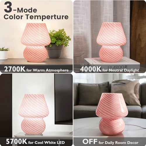 ULAROOM Dorm USB Plug-in Mushroom Lamp Small Bedside Table Lamp with 3 Temperature LED Bulb, Free Dimming Nights Light for Bedroom/Living Room/Entryway/Corner/Table Decor (Stripe Pink) - Image 3