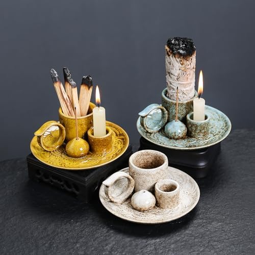 4 in 1 Ceramic Incense Burner Holder with Handle for Burning Sage, Palo Santo Stick, Joss Sticks, Candle in Your New House, Office, Yoga, Meditation Room (Yellow) - Image 3