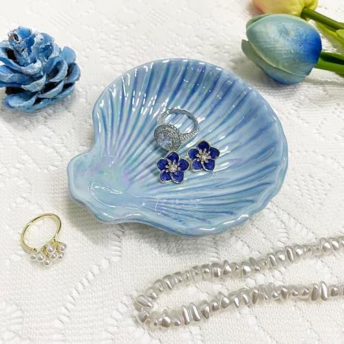 Shell Jewelry Dish Tray for Women, Ceramic Seashell Jewelry Ring Holder Dish, Jewelry Plate Trinket Dish for Necklace, Earring, Ring, Mother's Day Christmas Gift, 3.9", Sky Blue Iridescent Surface - Image 3