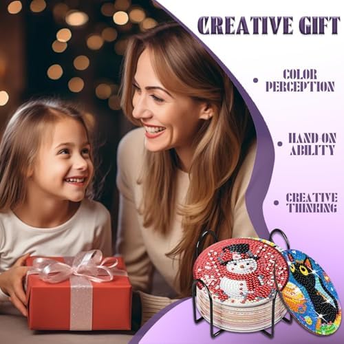 8 Pcs Christmas Diamond Art Painting Coasters Kits,Winter Snowman Coaster with Holder for Adults, Non-Slip DIY Dot Paint Craft Kits,5D Full Drill DIY Diamond Dot Gem Art Kit Home Decor Arts Craft - Image 6