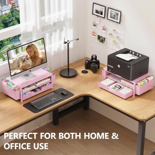 OPNICE Desk Organizers and Accessories, Computer Monitor Stand Riser with Drawer and 2 Pen Holders, Printer & Laptop Stand, Office Desk Accessories & Workspace Organizers for Home Office Supplies, Pink - Image 3