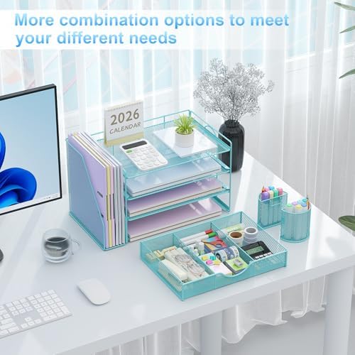 gianotter Desk Organizers and Accessories with File Holder, 4-Tier Desk Accessories & Workspace Organizers with Drawer and 2 Pen Holder, Paper Organizer for Office Supplies (Blue) - Image 3