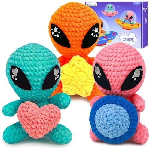 ekaus Crochet Kit for Beginners, Crochet Kit with Step-by-Step Video Tutorials, Crochet DIY Knitting Supplies for Adults, Crochet Aliens(45%+ Yarn)