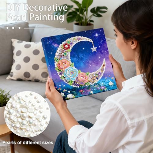LQCrafK DIY Pearl Art Painting Handcraft Kit for Adults Beginners, Healing Stress-Relieving Home Wall Creative Design Decoration, Framed Painting with Tools-Moon - Image 2