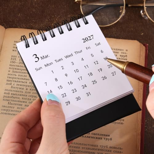 Mini Desk Calendar 2027-2028- Small Desktop Calendar January 2027 to June 2028 Mini Daily Schedule Thick Paper Twin-Wire Binding with Stickers for Home Office School (Black-white) - Image 2