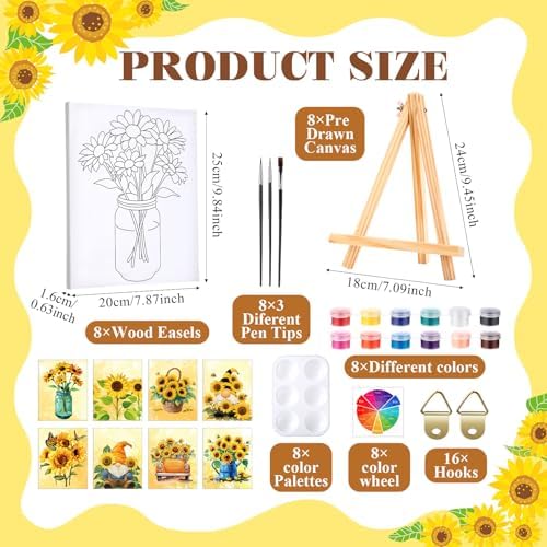 Humyoun 8 Sets 8" x 10" Sunflower Pre Drawn Canvas to Paint for Sip and Paint Party Sunflower Predrawn Coloring Set Pre Sketched Canvas Boards with Paints and Brushes for Adult - Image 2