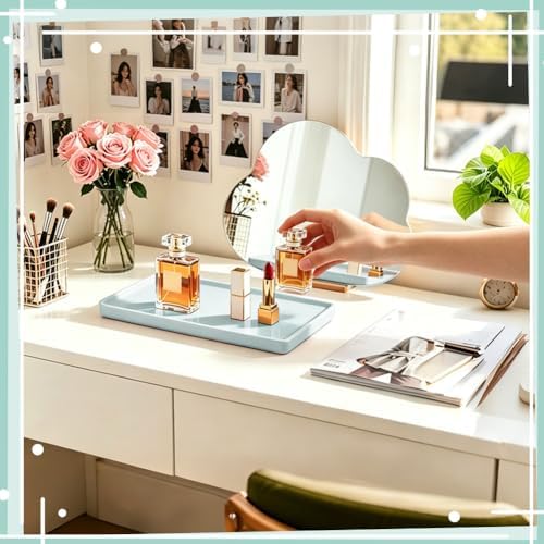 2pcs Bathroom Tray Countertop 8.2"x3.9" Rectangle Ceramic Vanity Trays for Bathroom Counter Decorative Dresser Jewelry Perfume Organizer Tray for Cosmetics Rings Necklaces Earrings (Blue) - Image 4