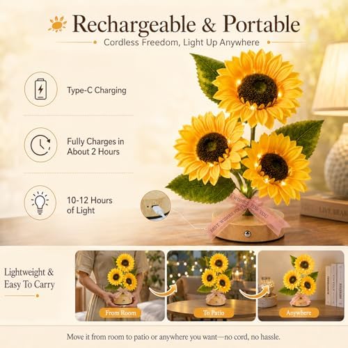 Flower Table Lamps, Rechargeable Touch Dimming Sunflower Night Light, LED Artificial Flower Lamp, Table Centerpieces for Birthday Holiday Party Wedding Room Decoration - Image 3