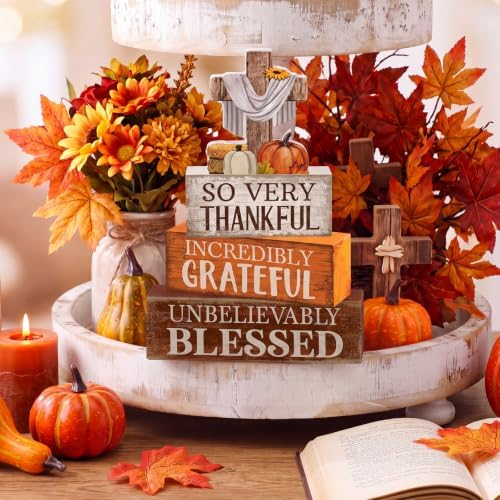 Moucuny 4 Pcs Fall Table Decoration for Home Religious Cross Stacked Signs - Image 3