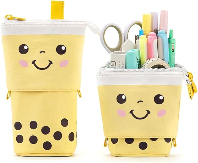 Cute Standing Pencil Case Pen Holder for Kids, Pop Up Stand UP Bubble Tea Pen Organizer Kawaii Stationary for Christmas Holiday New Year Office (Yellow)