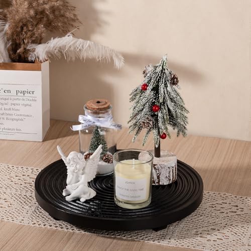 Round Decorative Tray Farmhouse Bathroom Decor Wood Riser, 11" Black - Image 4
