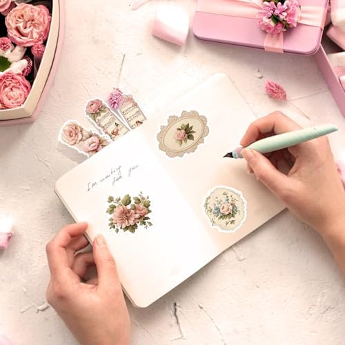 170PCS Vintage Rose Flower Scrapbooking Stickers Junk Journal Supplies, Shabby Pink Stickers Set Scrapbook Supplies Floral Sticker for Planner Album Diary Letter Envelope (Vintage Rose Flower) - Image 4