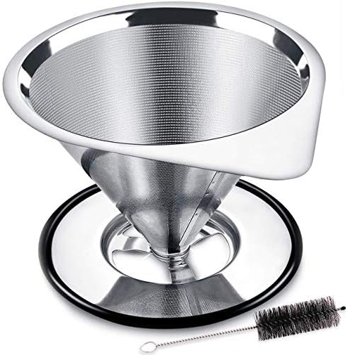LHS Pour Over Coffee Dripper Stainless Steel Coffee Filter Metal Cone Filter Paperless Reusable Coffee Filter Single Cup Coffee Maker 1-2 Cup With Non-slip Cup Stand and Cleaning Brush by LHS