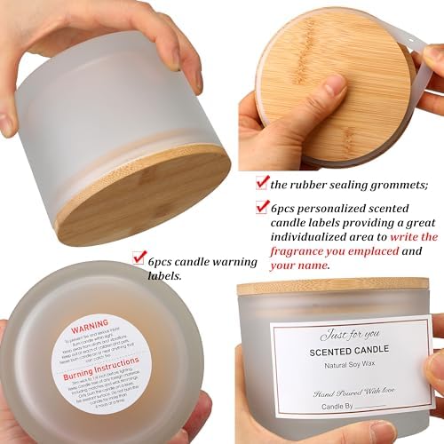 MILIVIXAY 6 Pack 16 oz Candle Jars with Bamboo Lids and Candle Making Kits - 3 Wick Candle Jar,Bulk Empty Frosted White Thick Glass Jars for Making Large Candles- Spice, Powder Containers. - Image 5