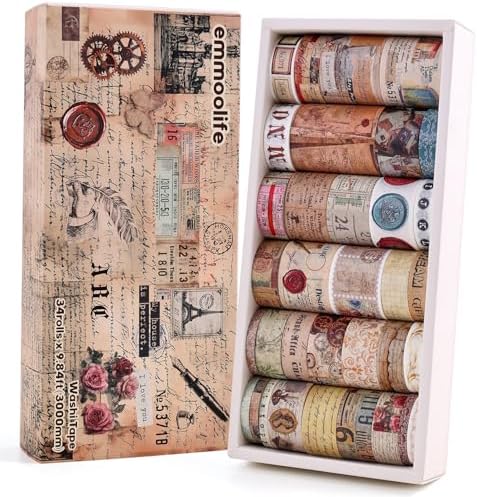 34 Rolls Vintage Washi Tape Set,Letter Map Stamp Stripe Literature Art Writable Aesthetic Washy Decorative Tapes for Scrapbooking, Junk Journal Supplies, Bullet Journaling 5-50mm Wide (3m Long)/Roll by emmoolife
