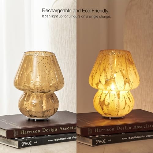 DN DECONATION Glass Mushroom Lamp Cordless Table Desk Lamp for Bedroom - Image 4